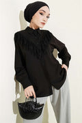 Tasseled V-Neck Lace Shirt, Black