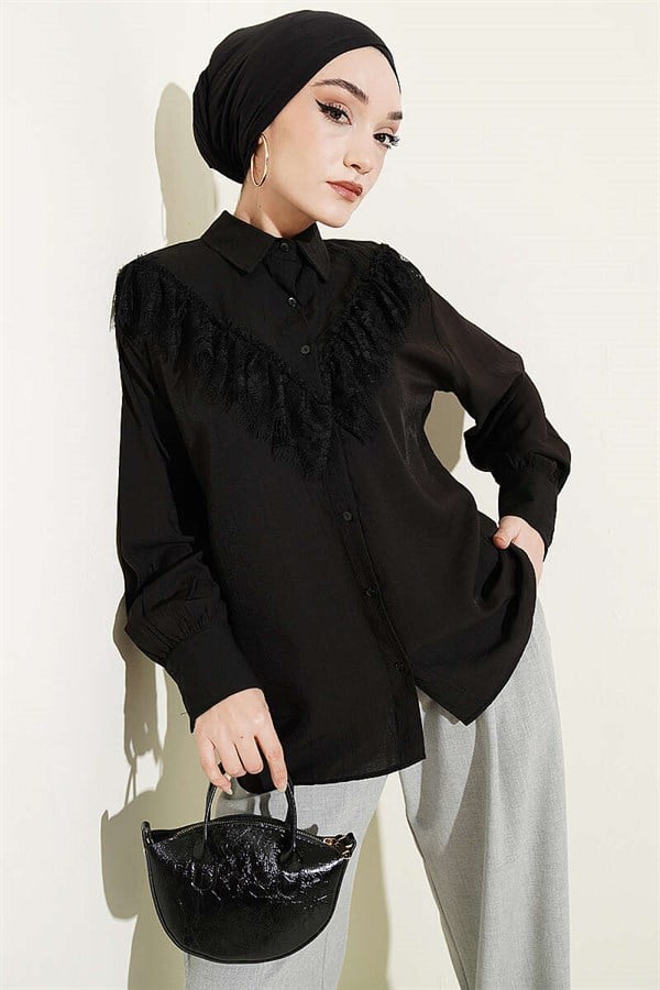Tasseled V-Neck Lace Shirt, Black