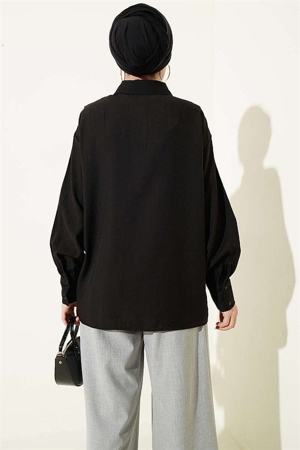 Tasseled V-Neck Lace Shirt, Black