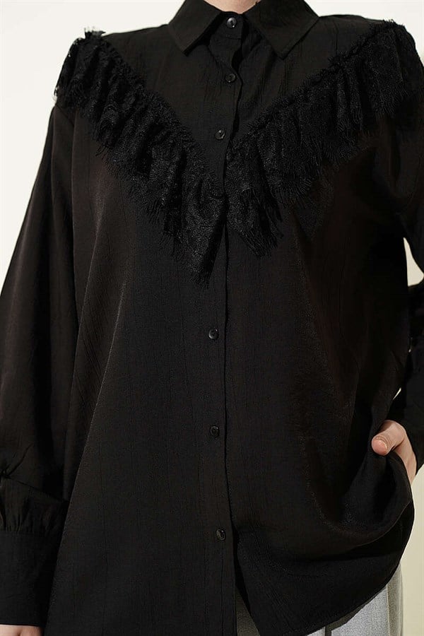 Tasseled V-Neck Lace Shirt, Black