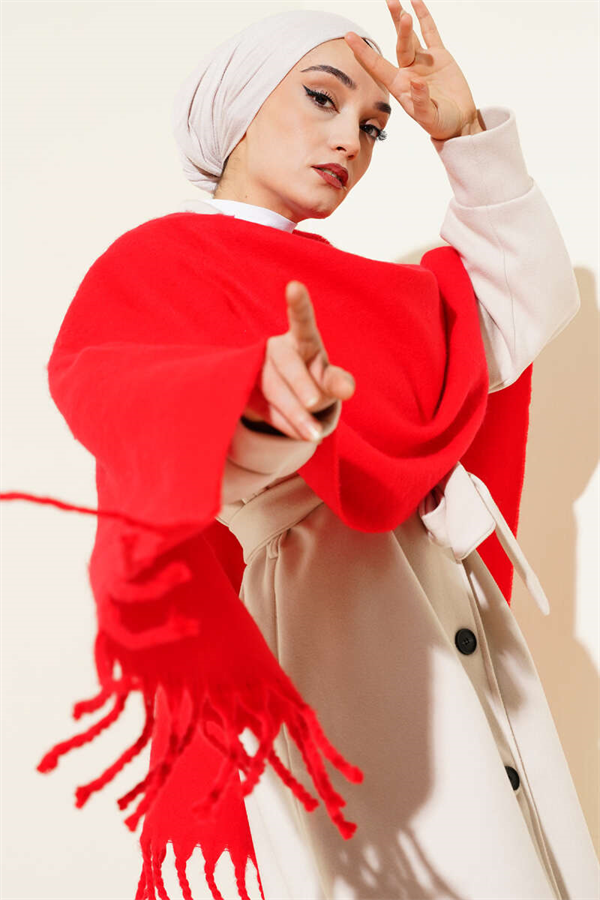 Tasseled Fluffy Shoulder Shawl, Red