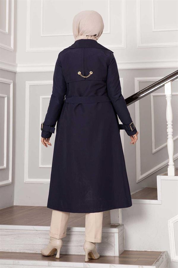 Comfortable Double Breasted Button Detailed Sleeve Adjustable Trench Coat Navy Blue