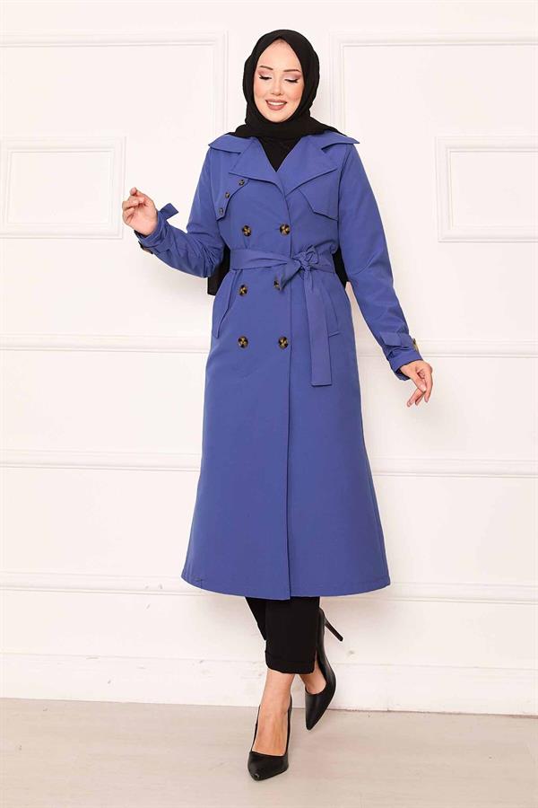 Comfortable Double-Breasted Button Detailed Trench Coat with Adjustable Sleeves in Indigo