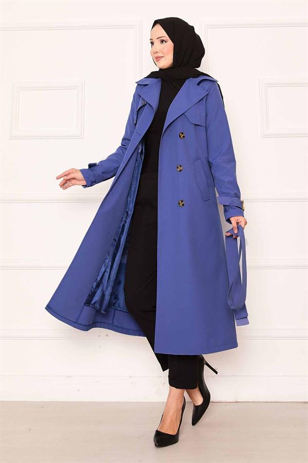 Comfortable Double-Breasted Button Detailed Trench Coat with Adjustable Sleeves in Indigo