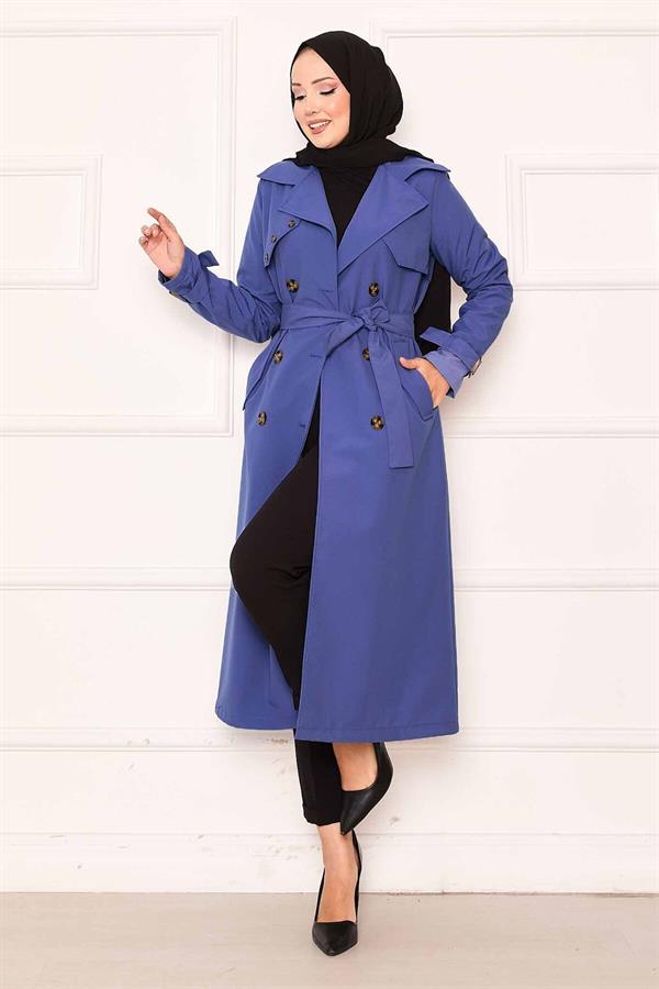 Comfortable Double-Breasted Button Detailed Trench Coat with Adjustable Sleeves in Indigo