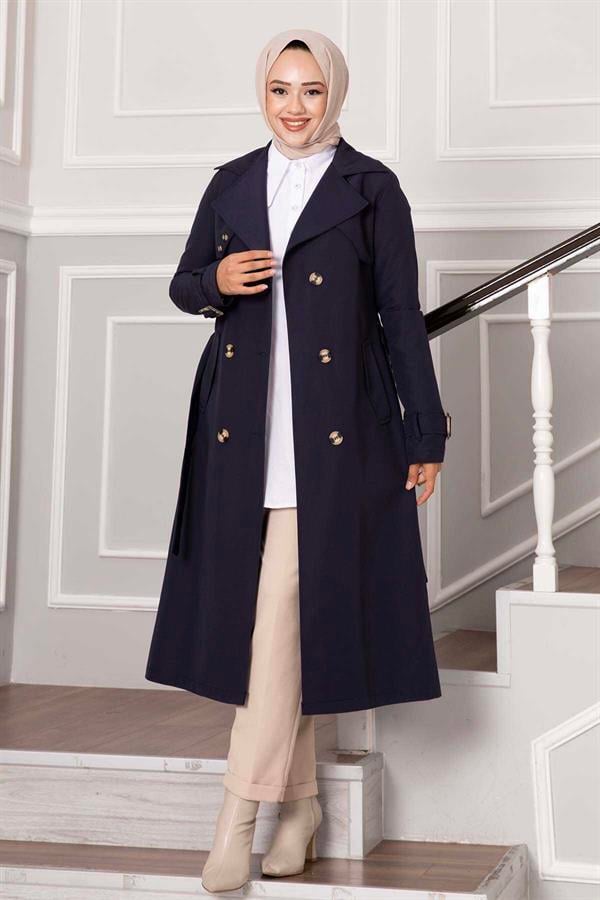 Comfortable Double Breasted Button Detailed Sleeve Adjustable Trench Coat Navy Blue