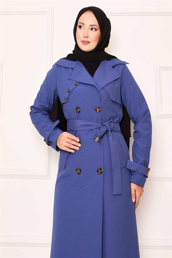 Comfortable Double-Breasted Button Detailed Trench Coat with Adjustable Sleeves in Indigo