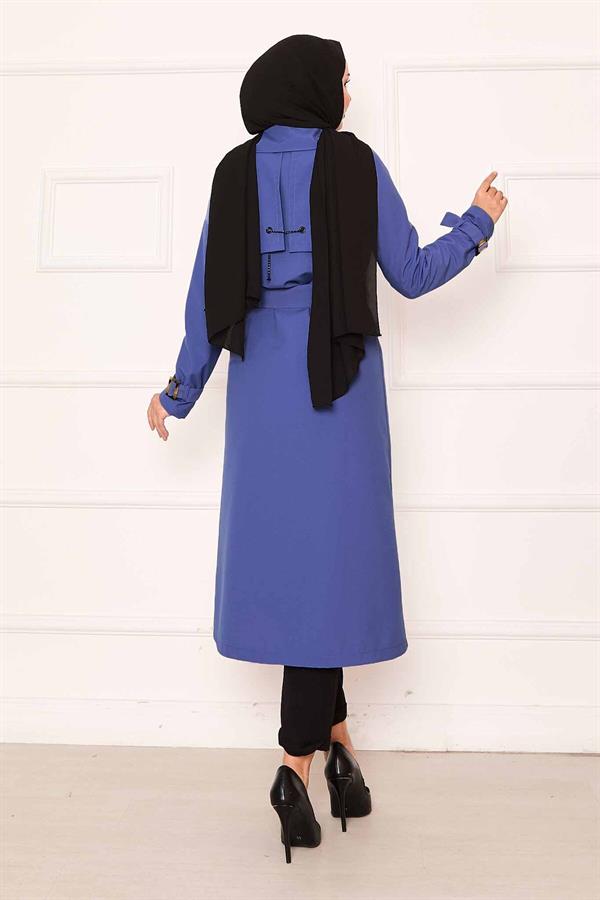 Comfortable Double-Breasted Button Detailed Trench Coat with Adjustable Sleeves in Indigo