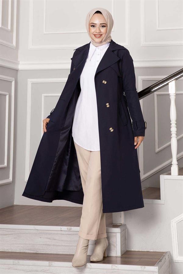 Comfortable Double Breasted Button Detailed Sleeve Adjustable Trench Coat Navy Blue