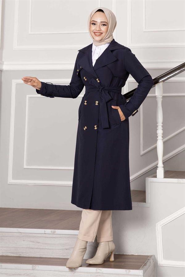 Comfortable Double Breasted Button Detailed Sleeve Adjustable Trench Coat Navy Blue
