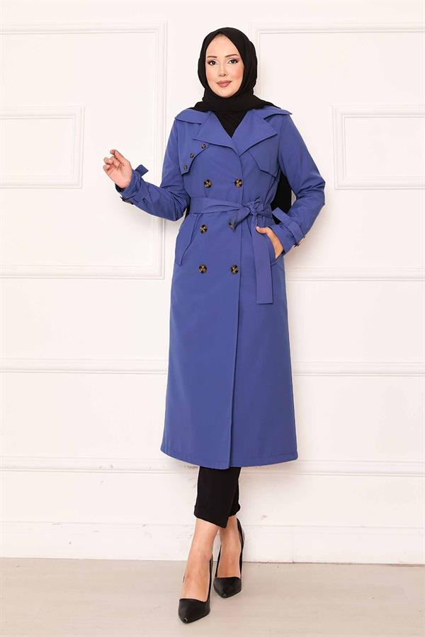 Comfortable Double-Breasted Button Detailed Trench Coat with Adjustable Sleeves in Indigo