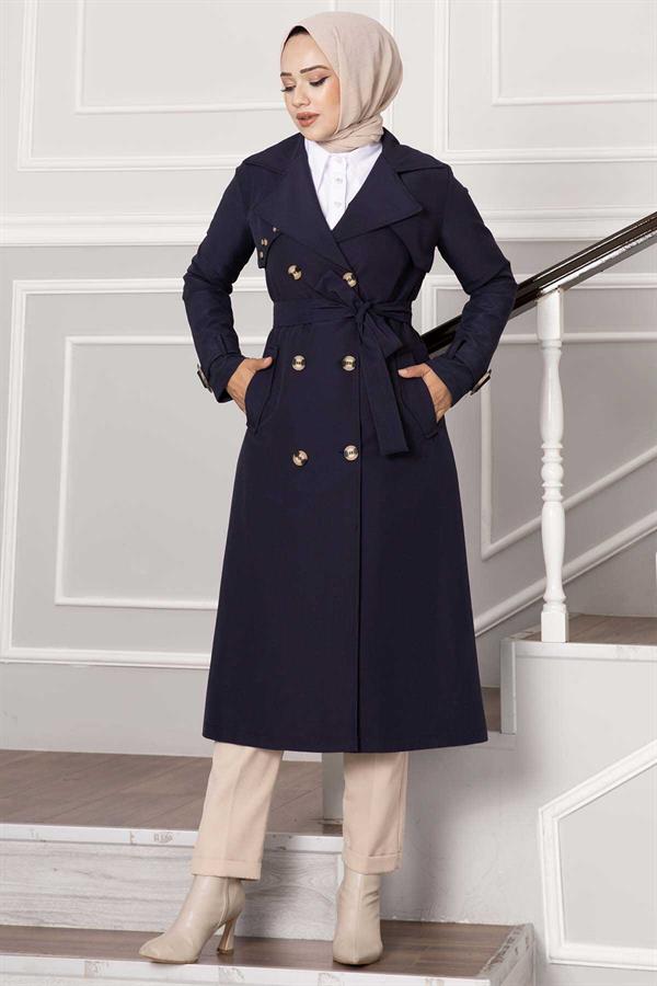 Comfortable Double Breasted Button Detailed Sleeve Adjustable Trench Coat Navy Blue