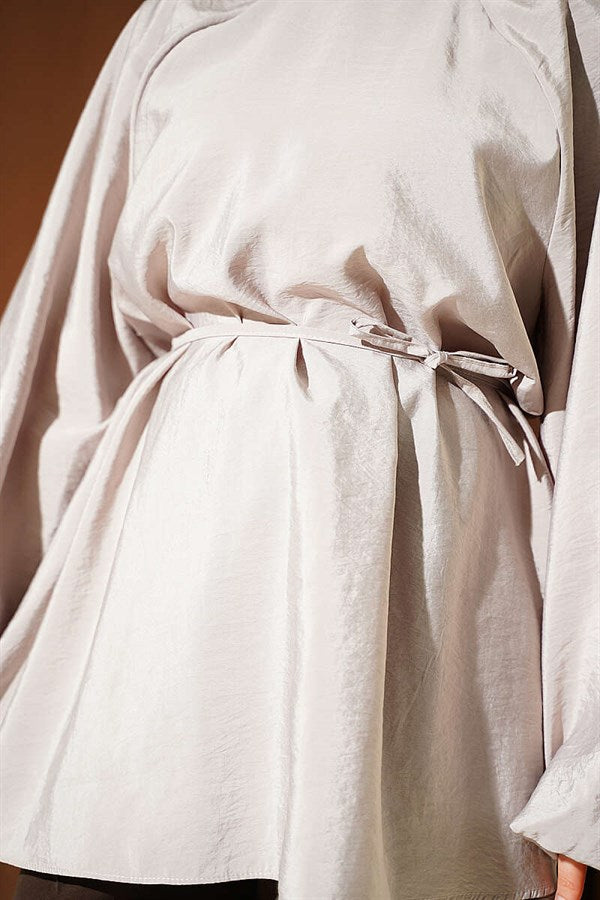 Raglan Balloon Sleeve Tunic with Drawstring Belt, Beige