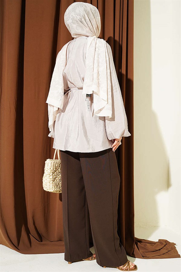 Raglan Balloon Sleeve Tunic with Drawstring Belt, Beige