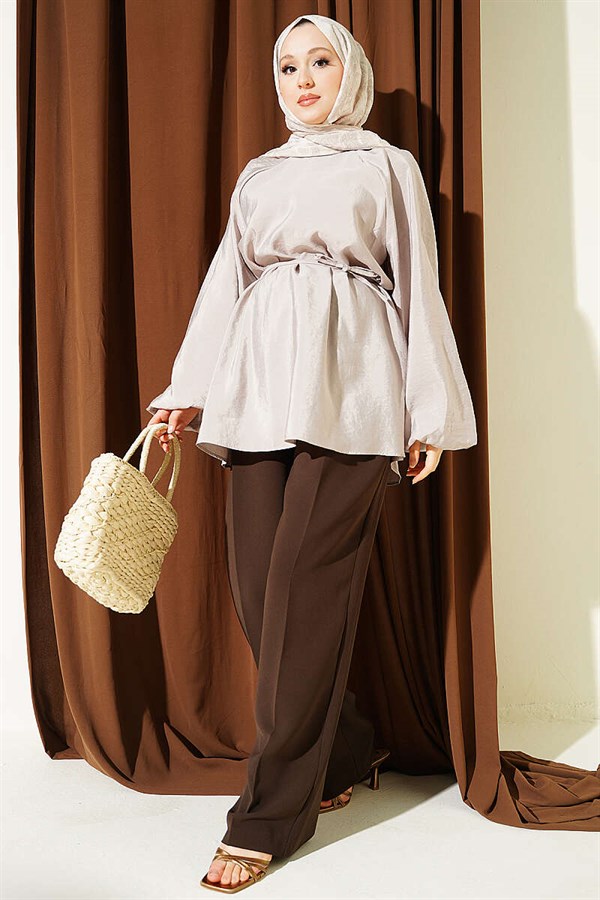 Raglan Balloon Sleeve Tunic with Drawstring Belt, Beige