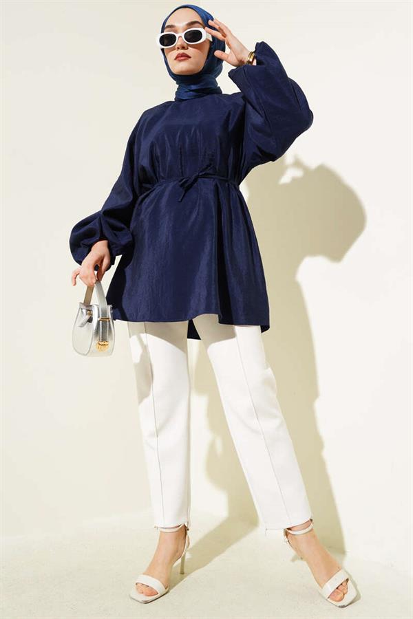 Raglan Balloon Sleeve Rope Belted Tunic Navy Blue