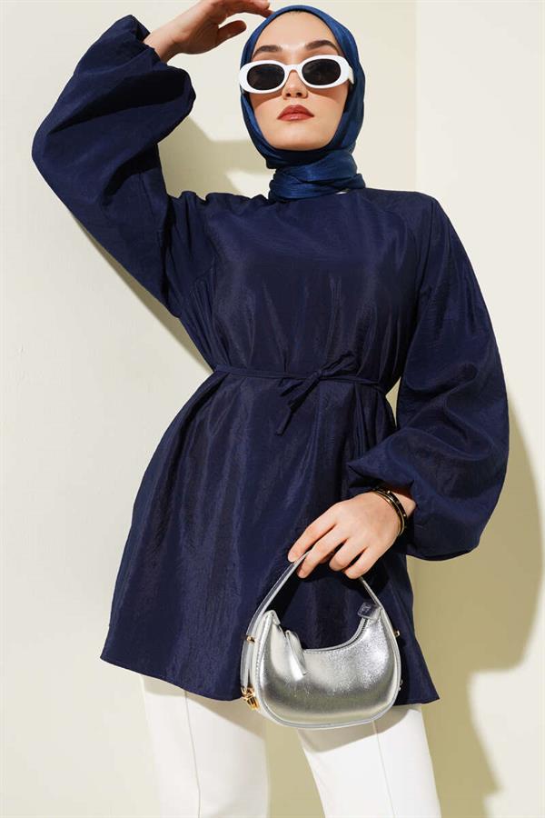 Raglan Balloon Sleeve Rope Belted Tunic Navy Blue