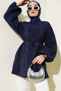 Raglan Balloon Sleeve Rope Belted Tunic Navy Blue