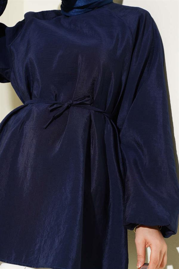 Raglan Balloon Sleeve Rope Belted Tunic Navy Blue