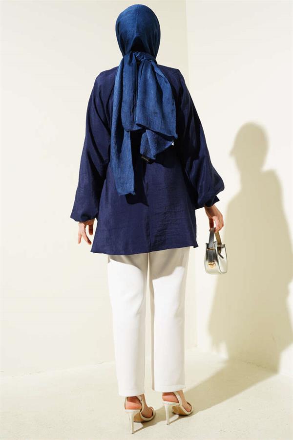 Raglan Balloon Sleeve Rope Belted Tunic Navy Blue
