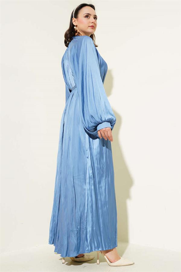 Raglan Balloon Sleeve Crinkle Satin Dress Blue