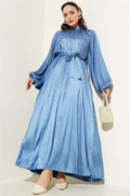 Raglan Balloon Sleeve Crinkle Satin Dress Blue