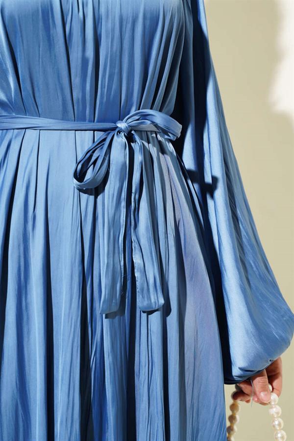 Raglan Balloon Sleeve Crinkle Satin Dress Blue