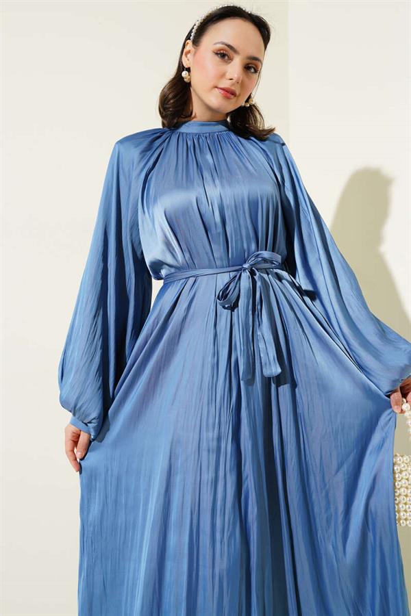 Raglan Balloon Sleeve Crinkle Satin Dress Blue
