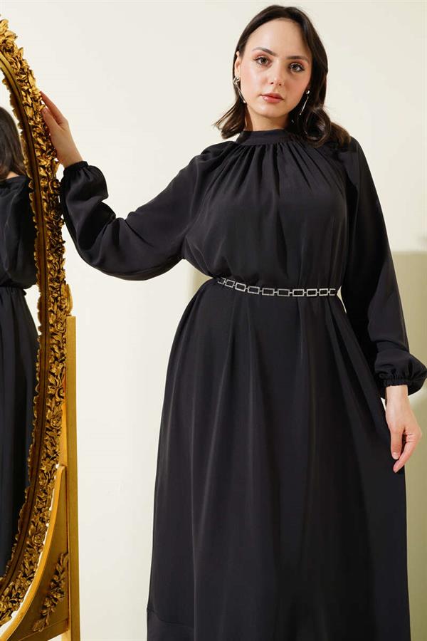 Raglan Sleeve Chain Belted Dress Anthracite