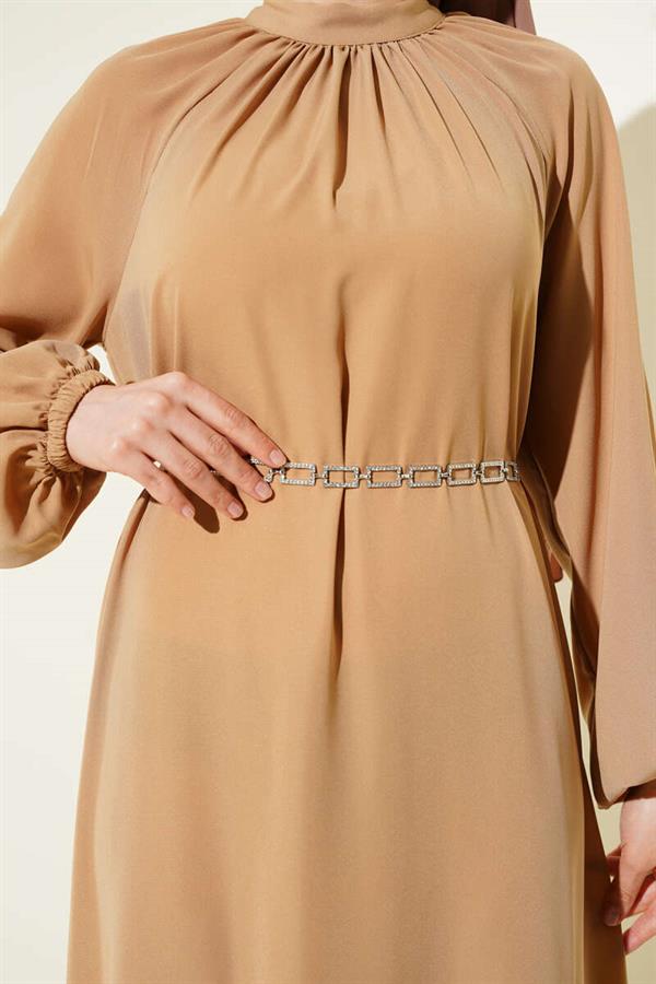 Raglan Sleeve Chain Belted Dress Camel