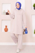 Relax Embroidered Hooded Hijab 2 Piece Set Beige