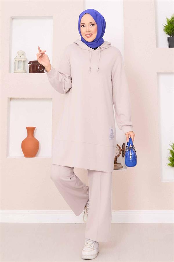 Relax Embroidered Hooded Hijab 2 Piece Set Beige