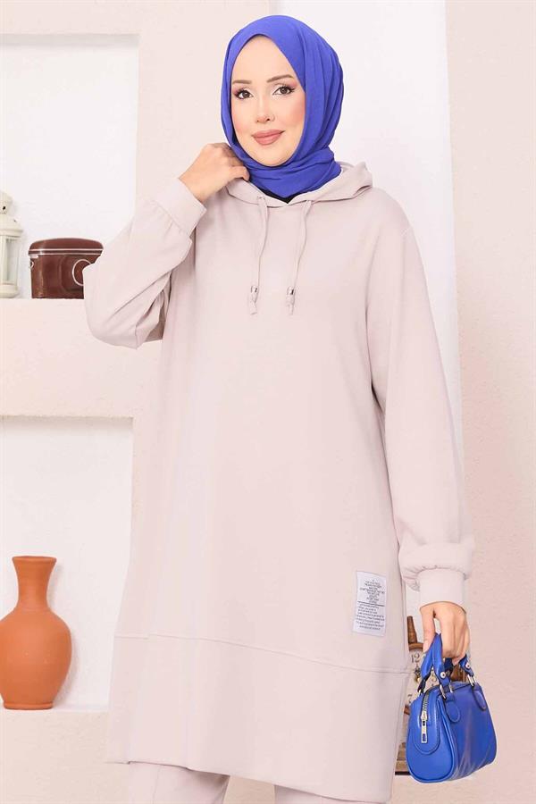 Relax Embroidered Hooded Hijab 2 Piece Set Beige