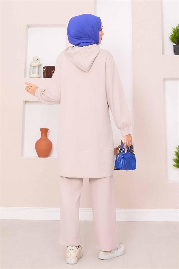 Relax Embroidered Hooded Hijab 2 Piece Set Beige