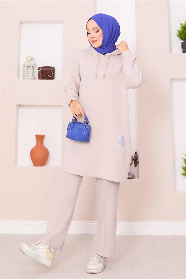 Relax Embroidered Hooded Hijab 2 Piece Set Beige