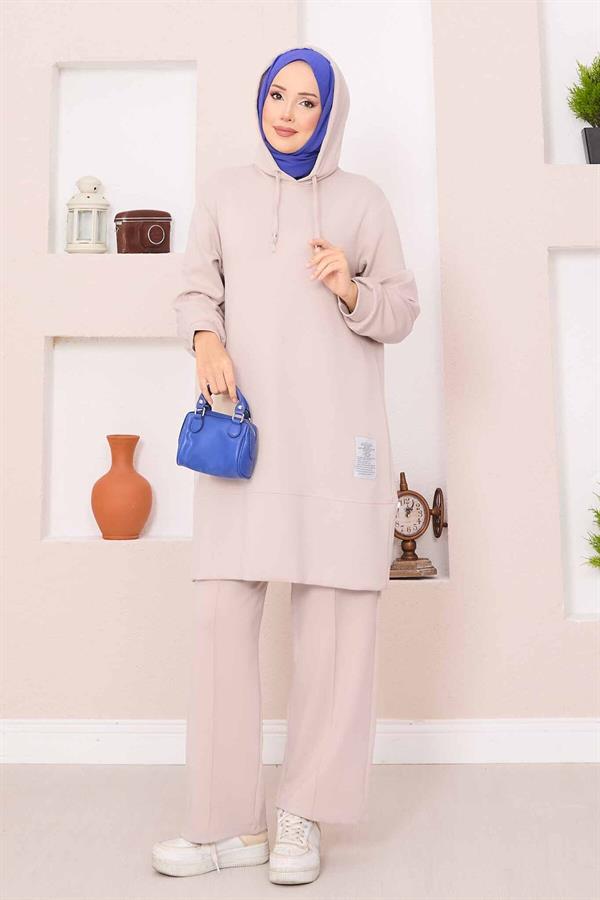 Relax Embroidered Hooded Hijab 2 Piece Set Beige