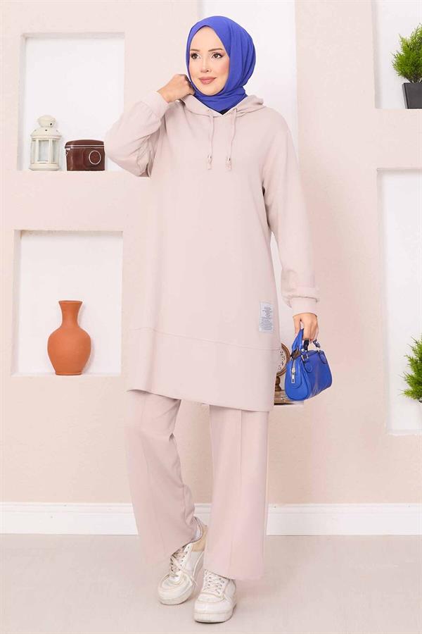 Relax Embroidered Hooded Hijab 2 Piece Set Beige
