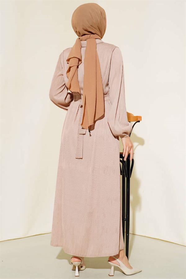  Colorful Buttoned Placket Dress Beige