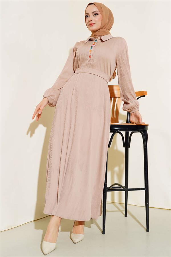  Colorful Buttoned Placket Dress Beige