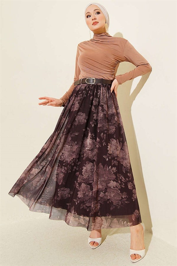 Retro Floral Pattern Tulle Skirt in Coffee Brown