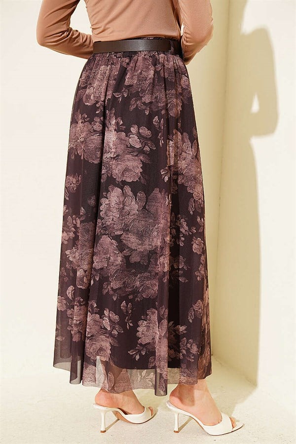Retro Floral Pattern Tulle Skirt in Coffee Brown