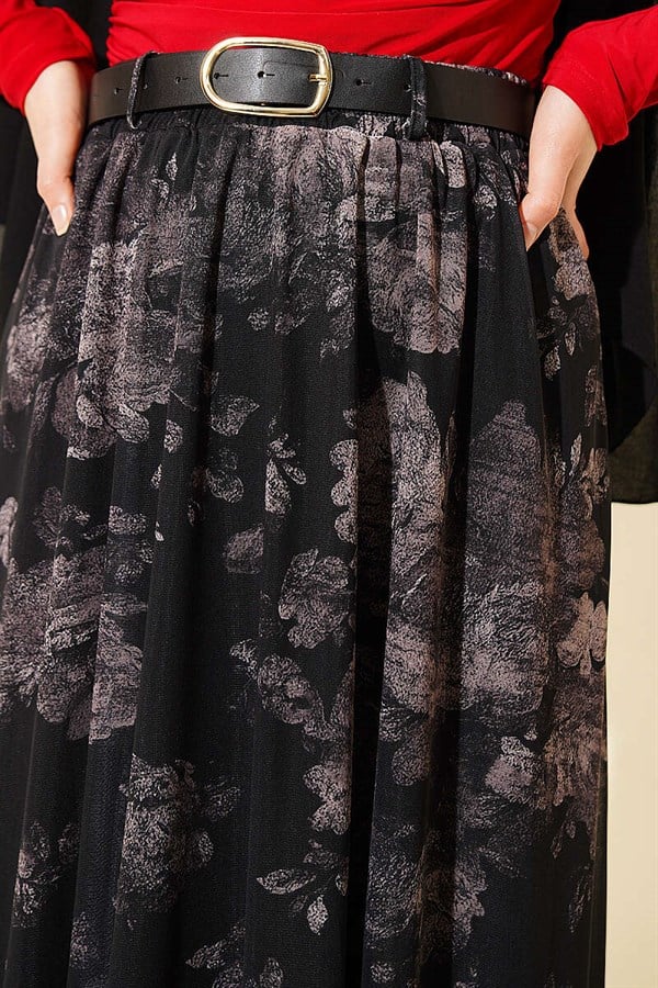 Retro Floral Print Tulle Skirt Black