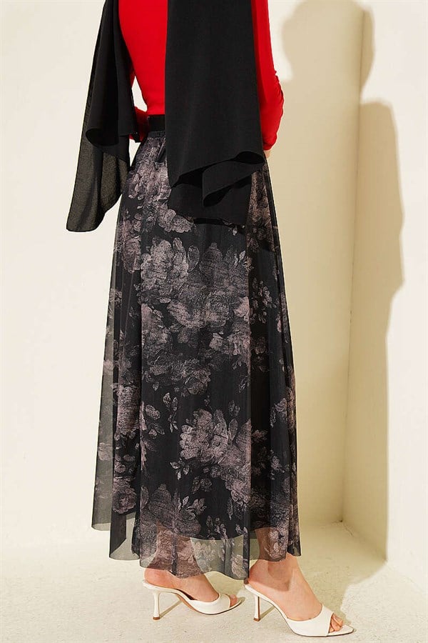 Retro Floral Print Tulle Skirt Black