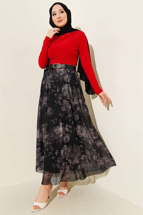 Retro Floral Print Tulle Skirt Black