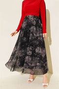 Retro Floral Print Tulle Skirt Black