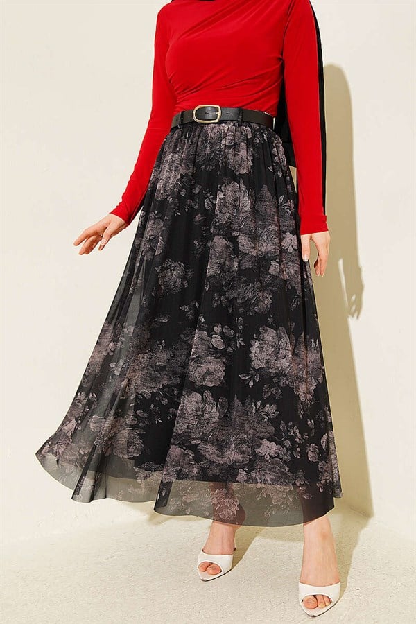 Retro Floral Print Tulle Skirt Black