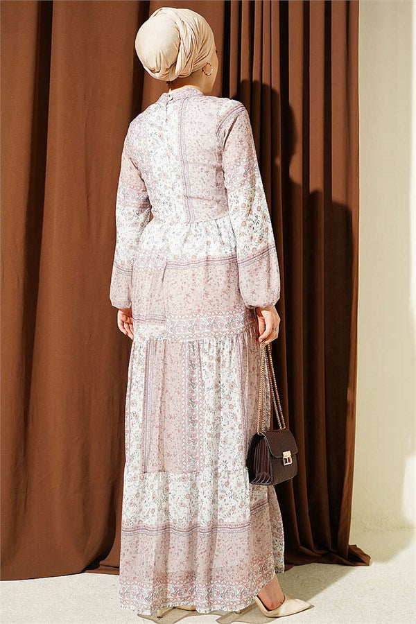 Retro Floral Chiffon Dress Beige
