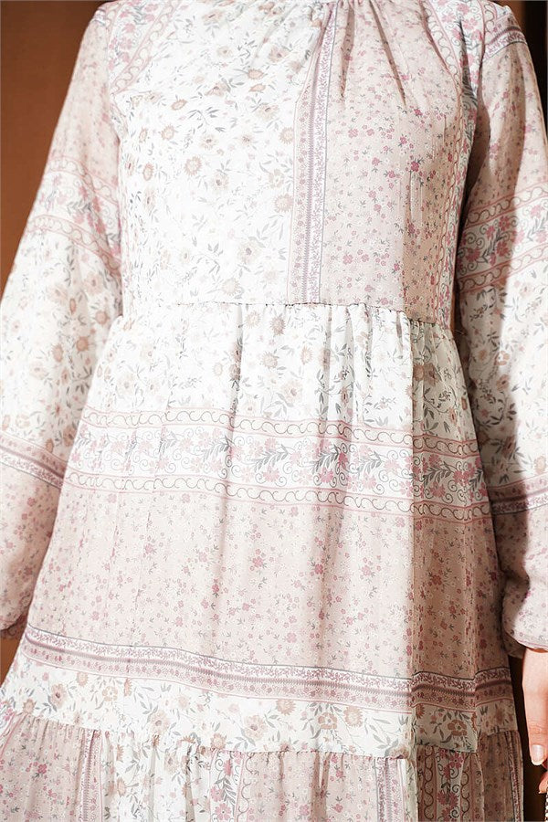 Retro Floral Chiffon Dress Beige
