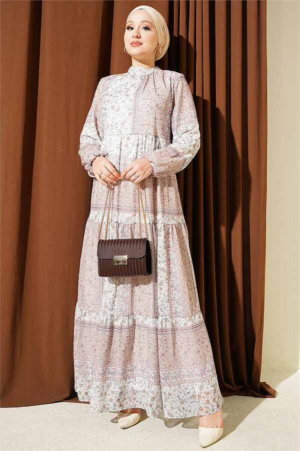 Retro Floral Chiffon Dress Beige