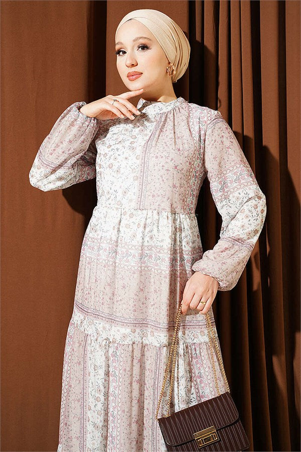 Retro Floral Chiffon Dress Beige